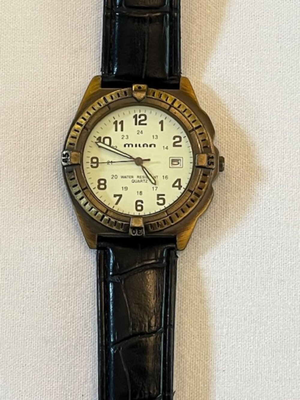 MILAN | Men’s Quartz Wristwatch with Date Black Leather Bronze-NEW Battery-EUC